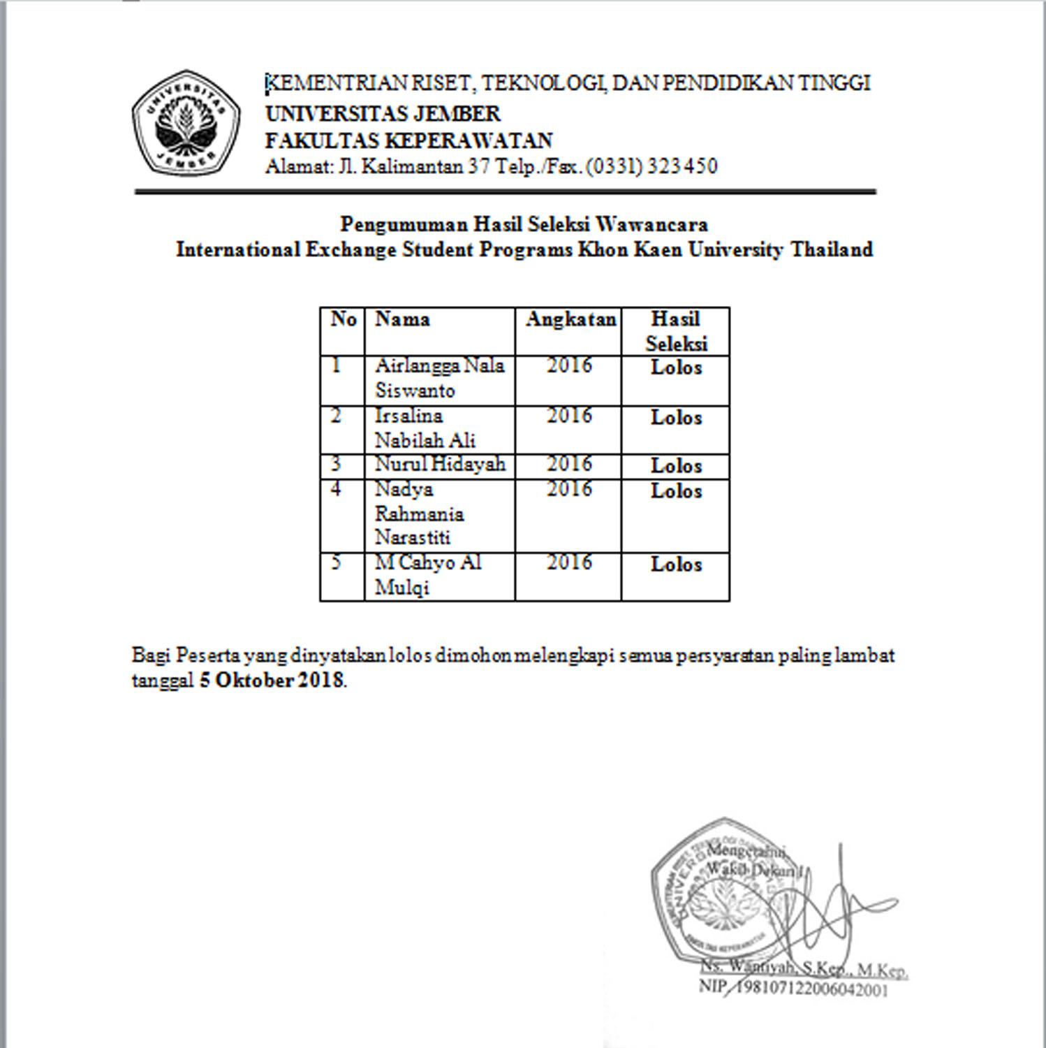 PENGUMUMAN HASIL SELEKSI WAWANCARA STUDENT EXCHANGE PROGRAM KHON KAEN UNIVERSITY THAILAND