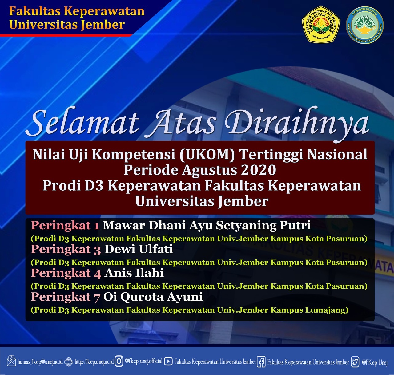 Mahasiswa D3 Keperawatan Universitas Jember Raih Prestasi Capaian Nilai Tertinggi Uji Kompetensi Nasional